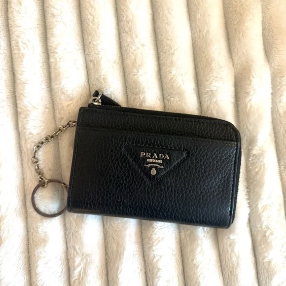Prada Saffiano Keychain Wallet Logo Black/ Silver 1PP122 - Picture 1 of 11
